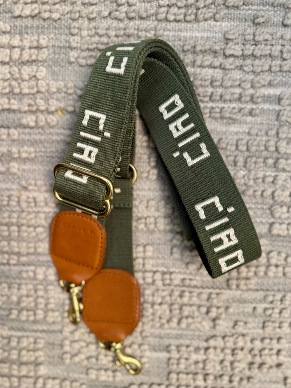 Clare V Olive Green Canvas Logo Strap with Tan Leather Accents